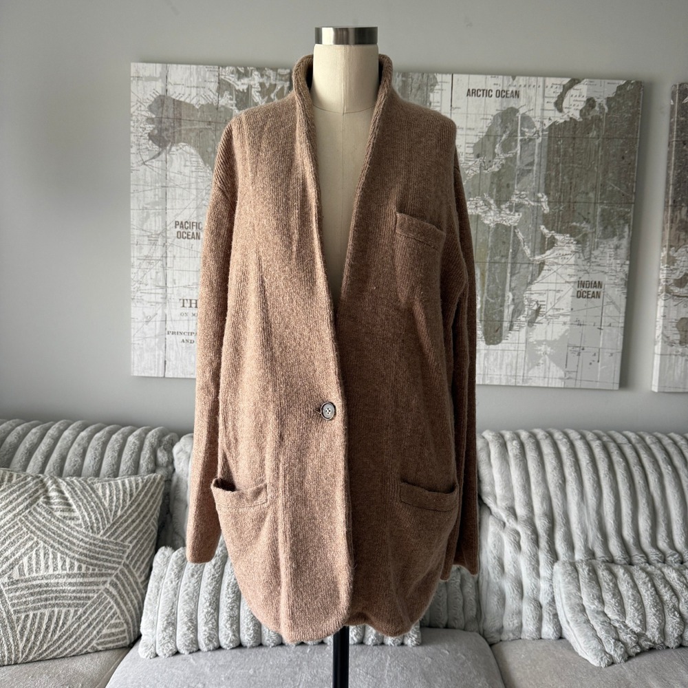 J.Crew Womens Medium Camel Brown Merino Alpaca Blend Shawl Cardigan Sweater